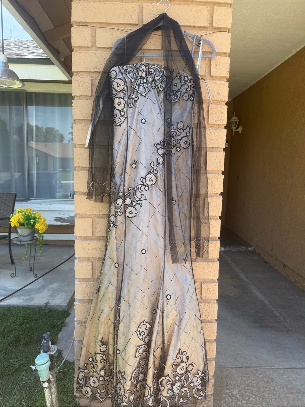 Nina Canacci Champagne and Black Embellished Evening Dress